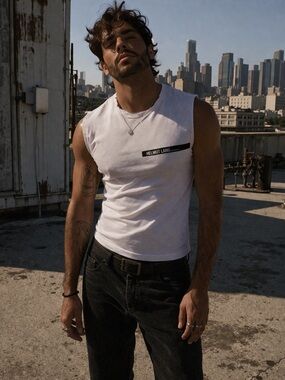 Helmut Lang White Sleeveless Tank Black Logo Raw Hem Size S